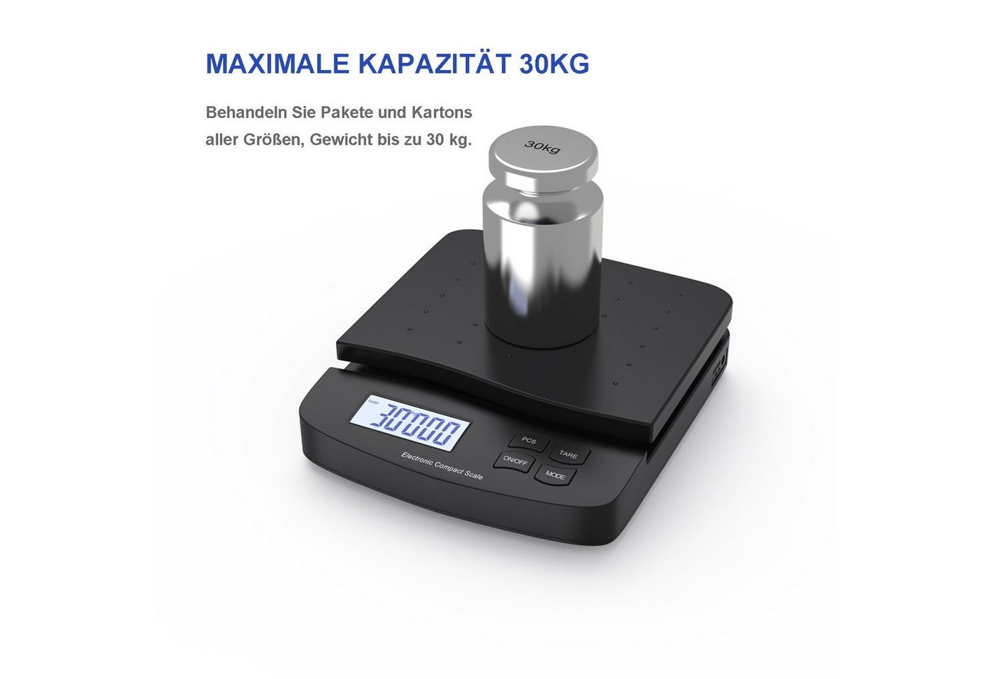 Zedelmaier Feinwaage Digitale Packetwaage Postwaage, Waage für Büro/Haus/Lager/Markt, bis 30kg, Tara, PCS,ABS, Batterien enthalten – Bild 4 von 5