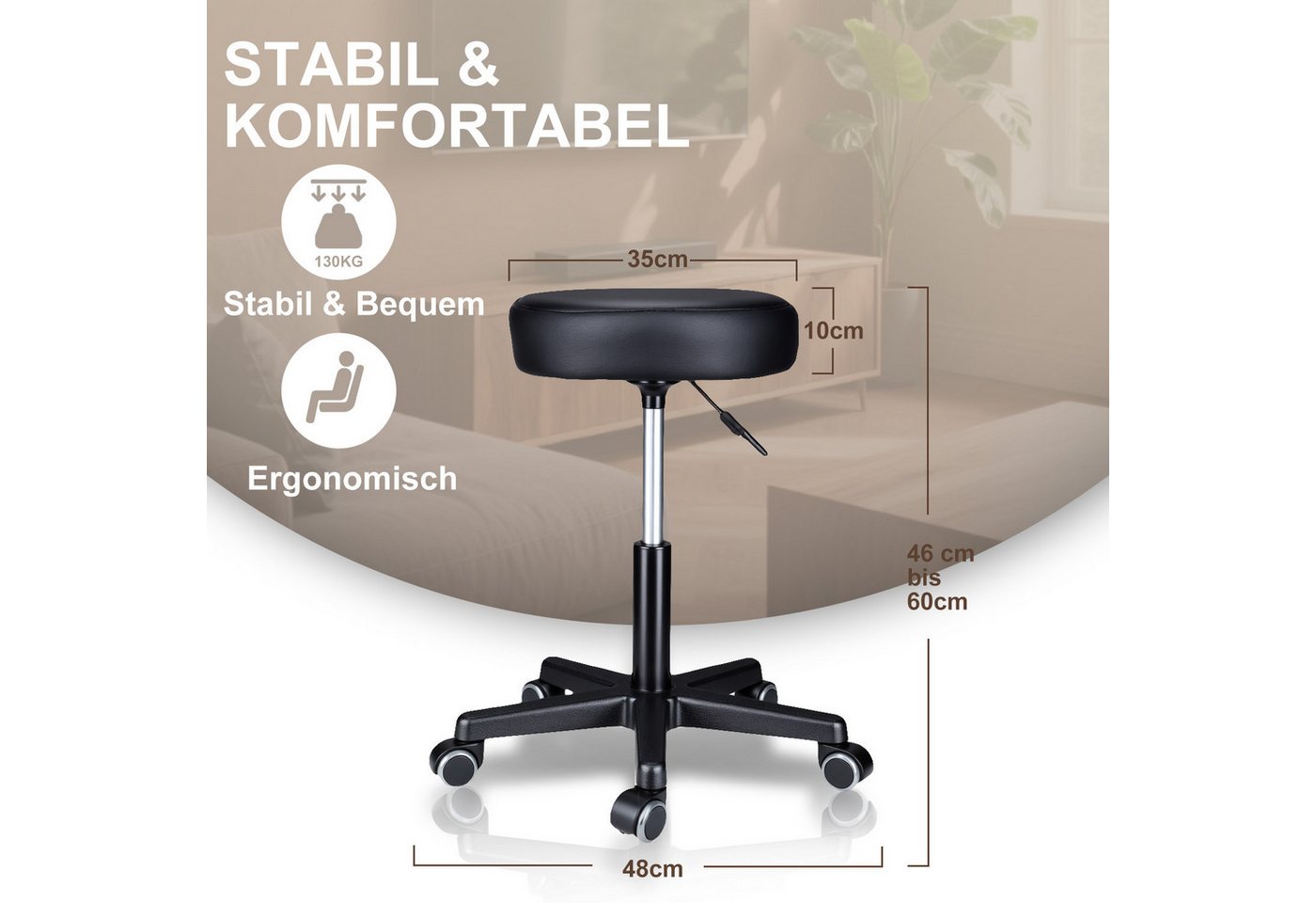 Zedelmaier Hocker Drehhocker Bürohocker Barhocker Arbeitshocker Polsterung, 44-58cm Höhenverstellbarer, 360°drehbar mit 5 Rollen – Bild 2 von 5
