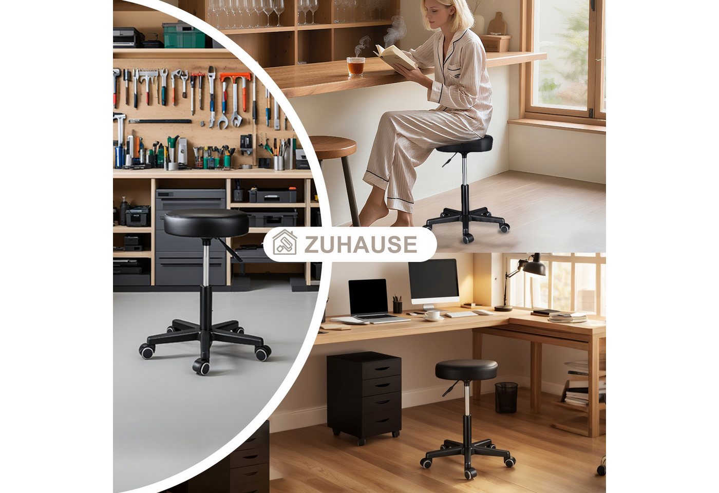 Zedelmaier Hocker Drehhocker Bürohocker Barhocker Arbeitshocker Polsterung, 44-58cm Höhenverstellbarer, 360°drehbar mit 5 Rollen – Bild 3 von 5