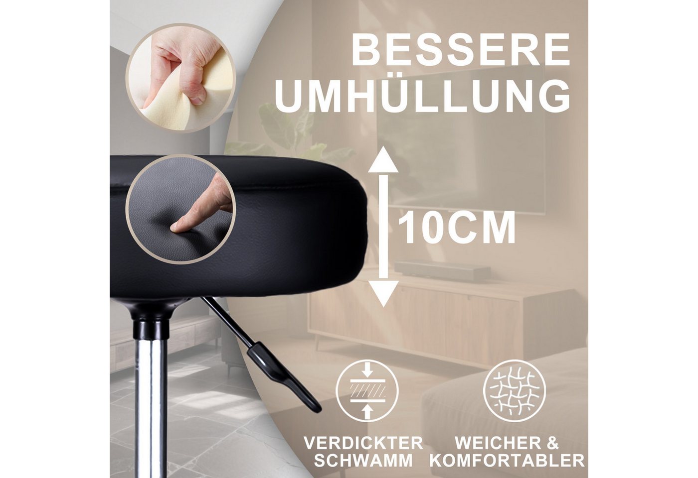 Zedelmaier Hocker Drehhocker Bürohocker Barhocker Arbeitshocker Polsterung, 44-58cm Höhenverstellbarer, 360°drehbar mit 5 Rollen – Bild 5 von 5