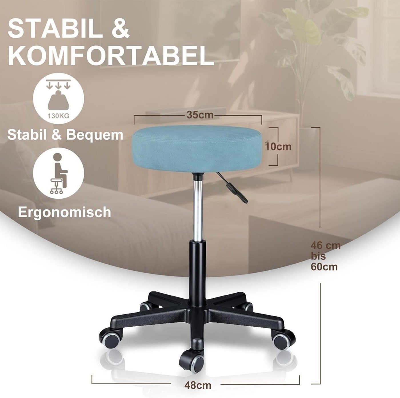 Zedelmaier Hocker Drehhocker Bürohocker Barhocker Arbeitshocker Polsterung, 44-58cm Höhenverstellbarer, 360°drehbar mit 5 Rollen – Bild 2 von 5