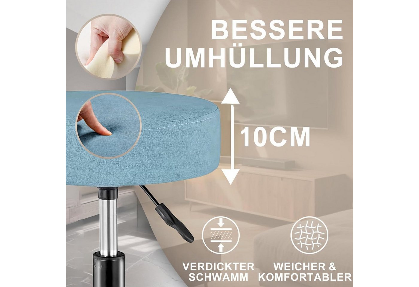 Zedelmaier Hocker Drehhocker Bürohocker Barhocker Arbeitshocker Polsterung, 44-58cm Höhenverstellbarer, 360°drehbar mit 5 Rollen – Bild 3 von 5