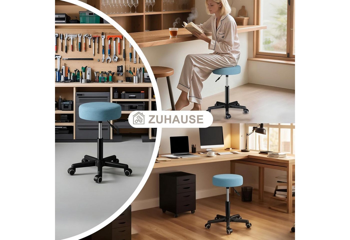 Zedelmaier Hocker Drehhocker Bürohocker Barhocker Arbeitshocker Polsterung, 44-58cm Höhenverstellbarer, 360°drehbar mit 5 Rollen – Bild 4 von 5