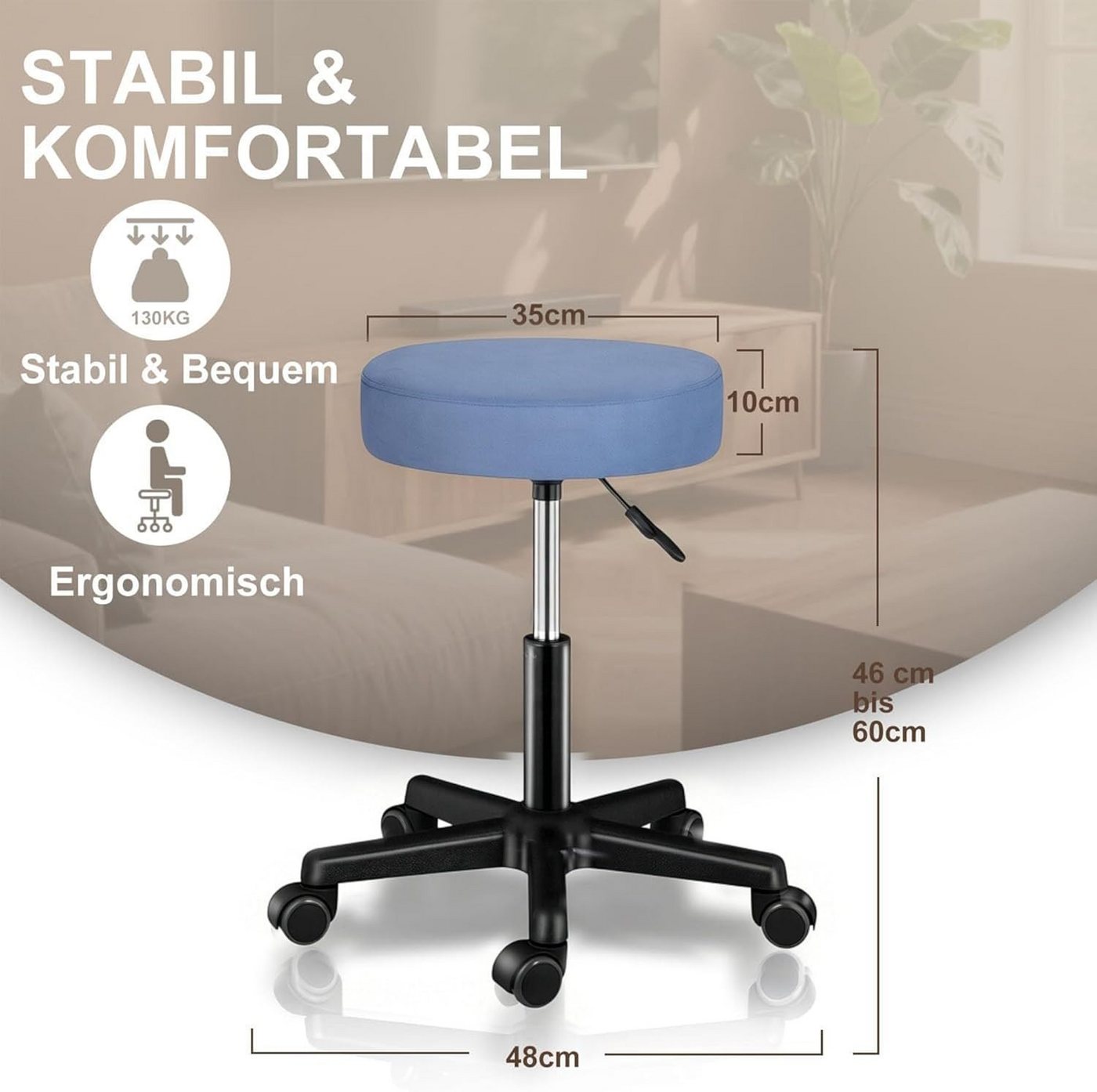 Zedelmaier Hocker Drehhocker Bürohocker Barhocker Arbeitshocker Polsterung, 44-58cm Höhenverstellbarer, 360°drehbar mit 5 Rollen – Bild 2 von 5