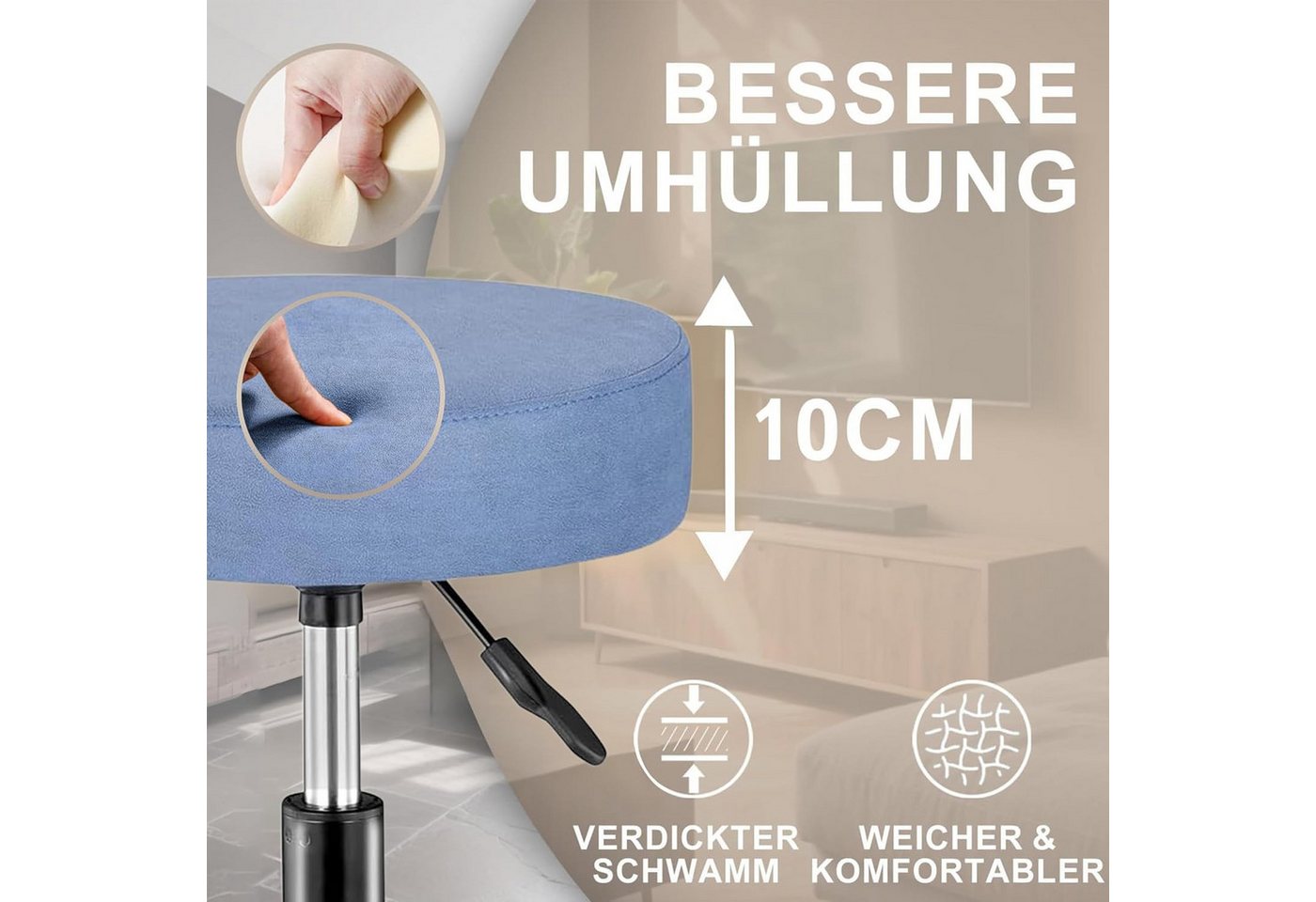 Zedelmaier Hocker Drehhocker Bürohocker Barhocker Arbeitshocker Polsterung, 44-58cm Höhenverstellbarer, 360°drehbar mit 5 Rollen – Bild 3 von 5
