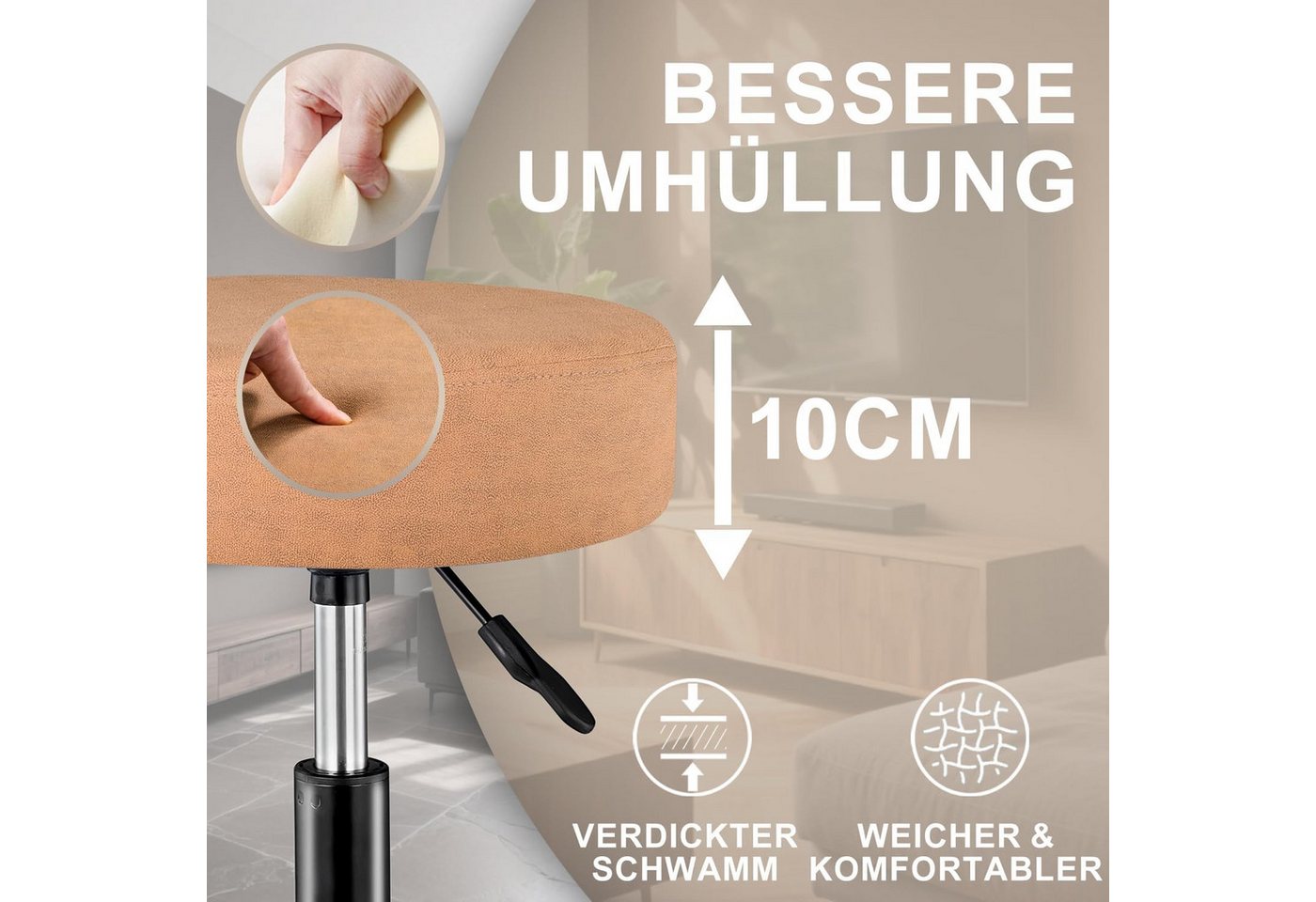 Zedelmaier Hocker Drehhocker Bürohocker Barhocker Arbeitshocker Polsterung, 44-58cm Höhenverstellbarer, 360°drehbar mit 5 Rollen – Bild 2 von 5