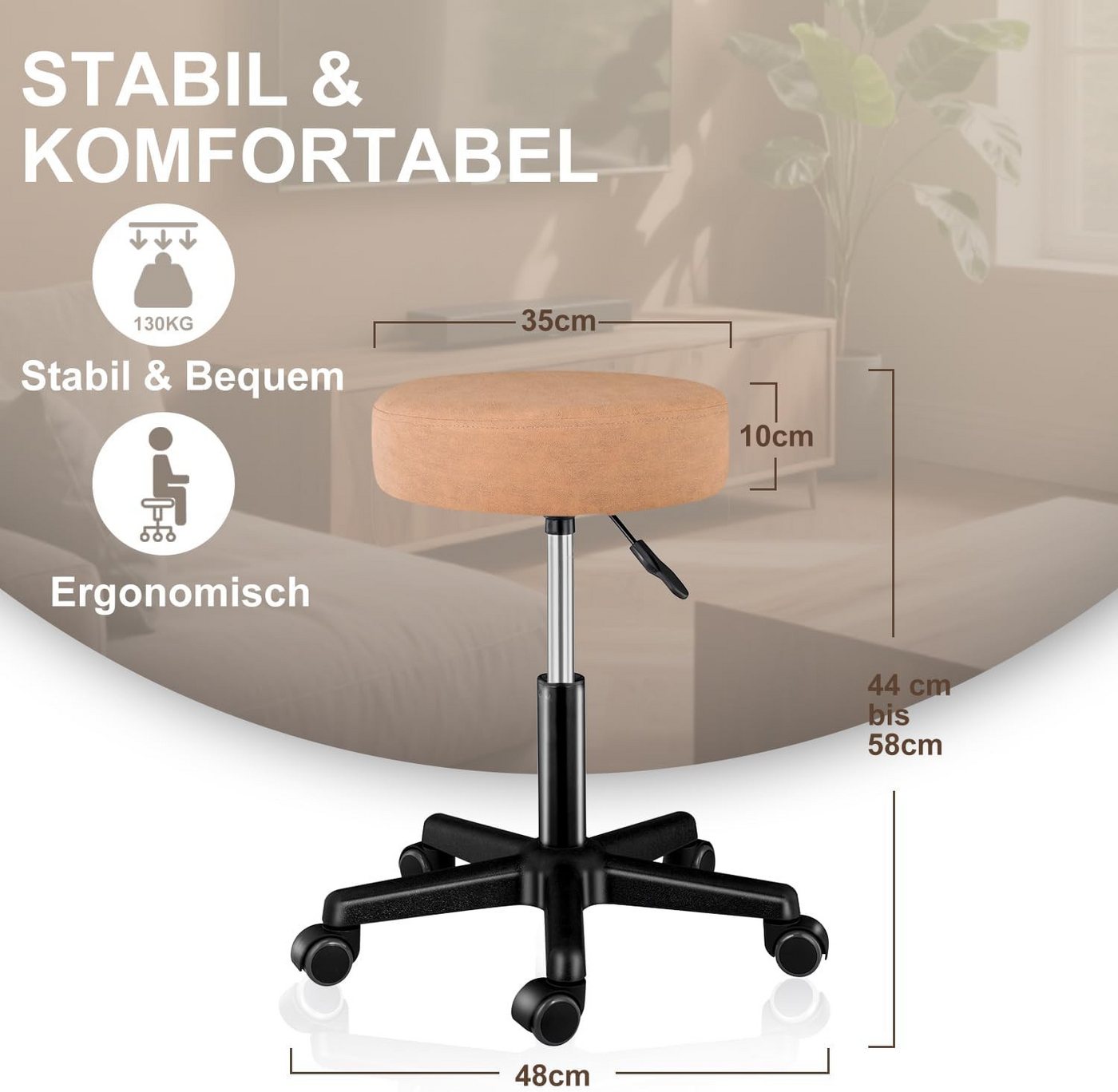 Zedelmaier Hocker Drehhocker Bürohocker Barhocker Arbeitshocker Polsterung, 44-58cm Höhenverstellbarer, 360°drehbar mit 5 Rollen – Bild 4 von 5
