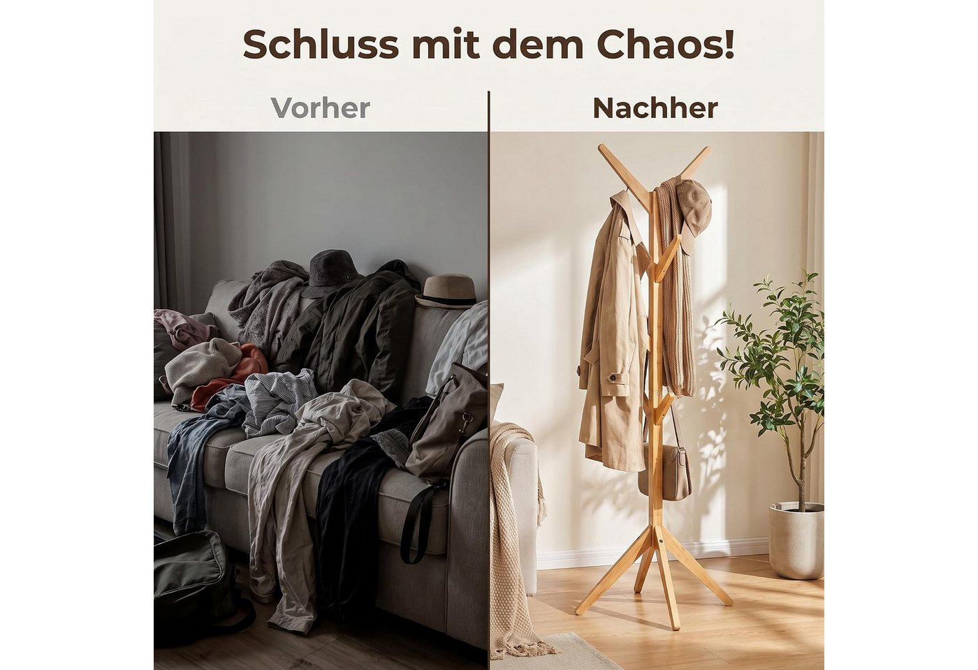 Zedelmaier Kleiderständer Bambus Kleiderständer in Baumform, freistehend mit 8 Haken, Geeignet für Schlafzimmer, Wohnzimmer, Flur zu Hause und das Büro – Bild 4 von 5