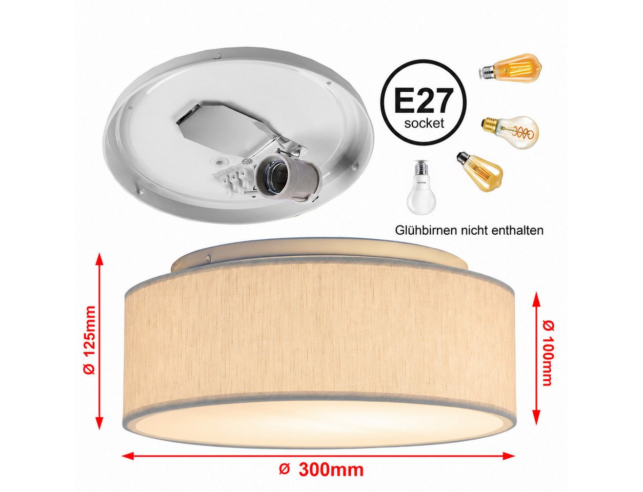 Zedelmaier Lampenschirm Deckenleuchte Deckenlampe mit Leinenstoffschirm, ohne Leuchtmittel, Max.40W/E27, für Wohnzimmer Schlafzimmer Flur – Bild 2 von 5