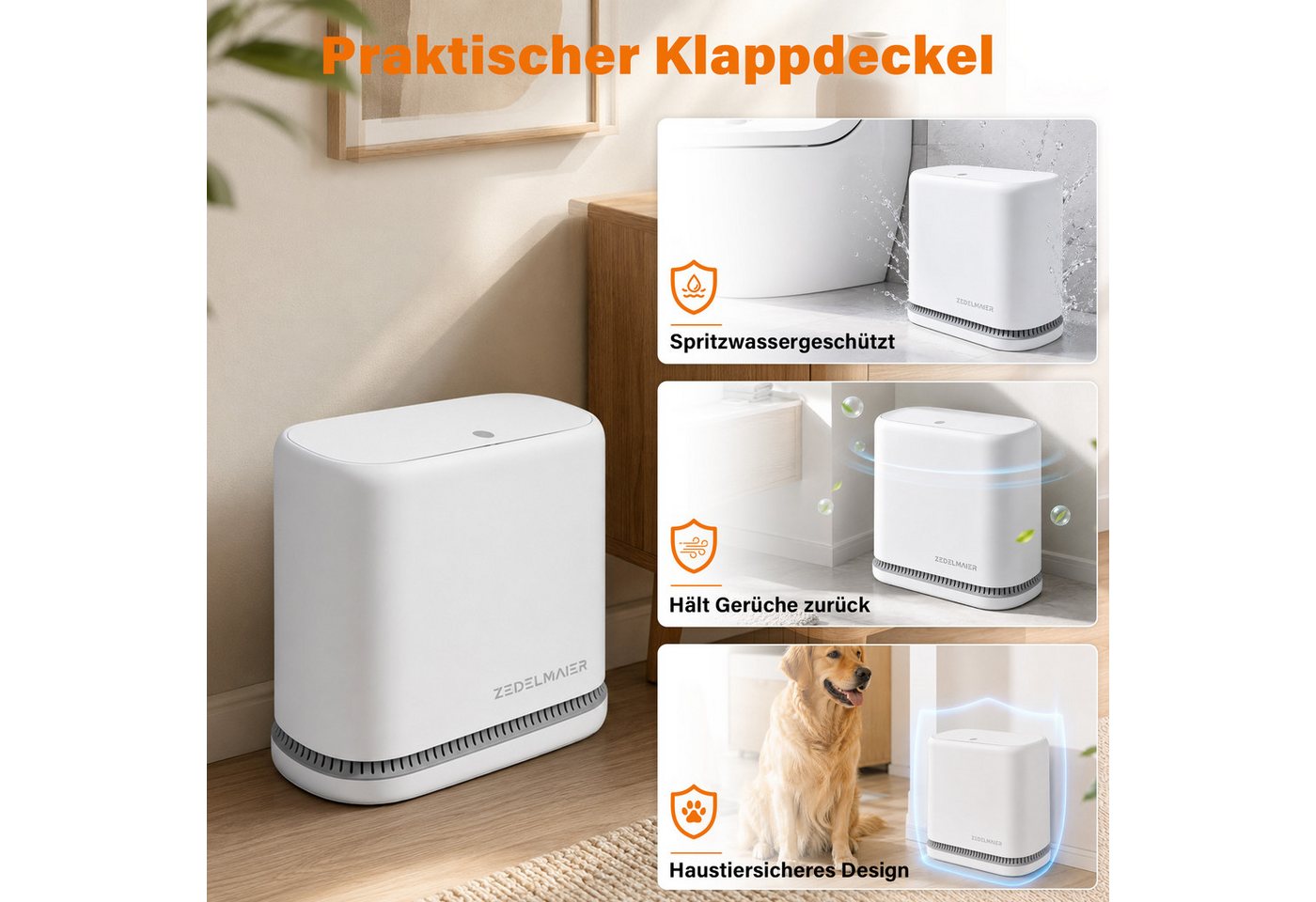 Zedelmaier Mülleimer Schmaler Mülleimer 8L mit Deckel 15cm breit Weiß, PP-Kunststoff, geruchsdicht, Müllbeutel-Fixierung, für Bad, Küche – Bild 3 von 5