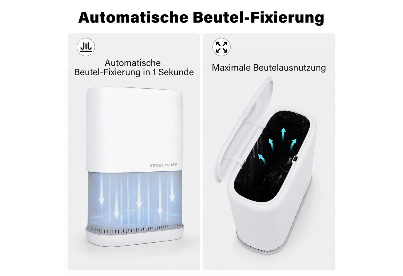 Zedelmaier Mülleimer Schmaler Mülleimer 8L mit Deckel 15cm breit Weiß, PP-Kunststoff, geruchsdicht, Müllbeutel-Fixierung, für Bad, Küche – Bild 4 von 5