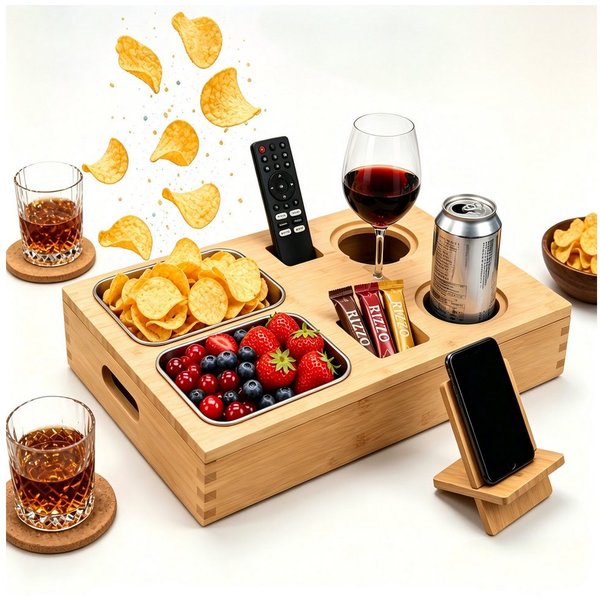 Zedelmaier Servierplatte Snackbox aus Bambus, FIFA World Cup Couchbar, Kaffeebar, Sofatablett, Bambus, mit 2 Snackschalen, 2 Getränkehaltern mit Untersetzer, Ha