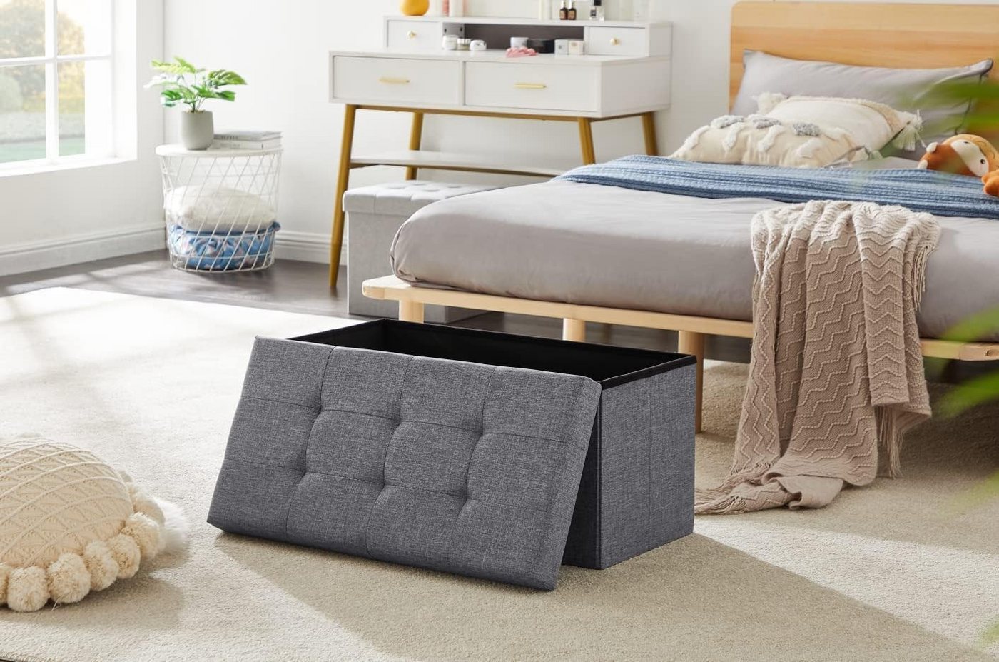 Zedelmaier Sitzbank Sitzbank mit Stauraum, Sitzhocker, Spielzeugtruhe, Fußhocker (ZD76Lenien), Aus MDF-Platte und Lenien. Faltbar, bis 300 kg,Truhenbank – Bild 2 von 5
