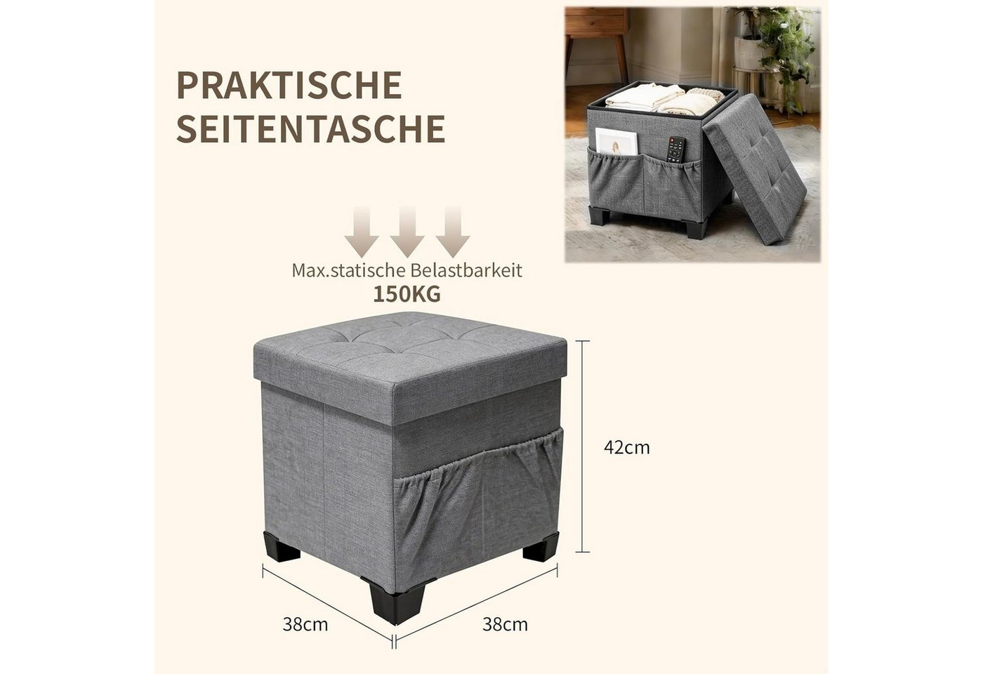 Zedelmaier Sitzhocker mit Stauraum, Schuhbank, klappbare Sitztruhe, Fußbank – Bild 2 von 5