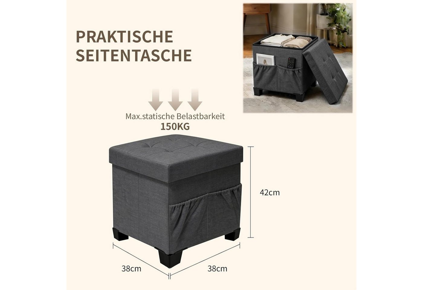 Zedelmaier Sitzhocker mit Stauraum, Schuhbank, klappbare Sitztruhe, Fußbank – Bild 2 von 5