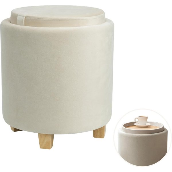 Zedelmaier Sitzhocker mit Stauraum rund Beige, Couchtisch, Sitzhocker mit Deckel, Fußhocker mit Aufbewahrungsbox, Polsterhocker mit Holzbeinen