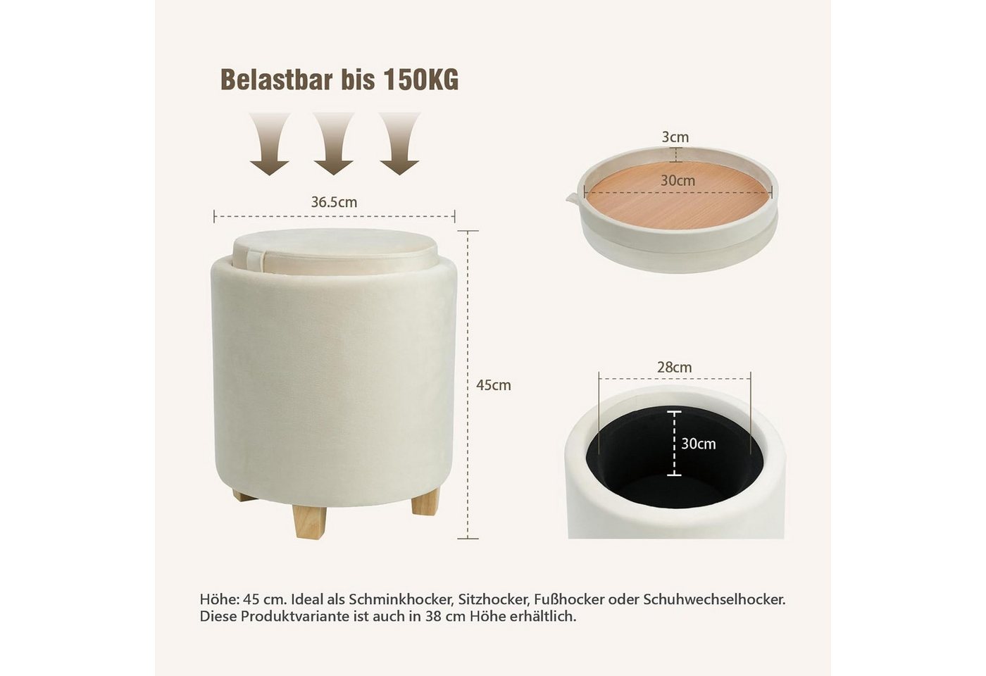 Zedelmaier Sitzhocker mit Stauraum rund Beige, Couchtisch, Sitzhocker mit Deckel, Fußhocker mit Aufbewahrungsbox, Polsterhocker mit Holzbeinen – Bild 2 von 5