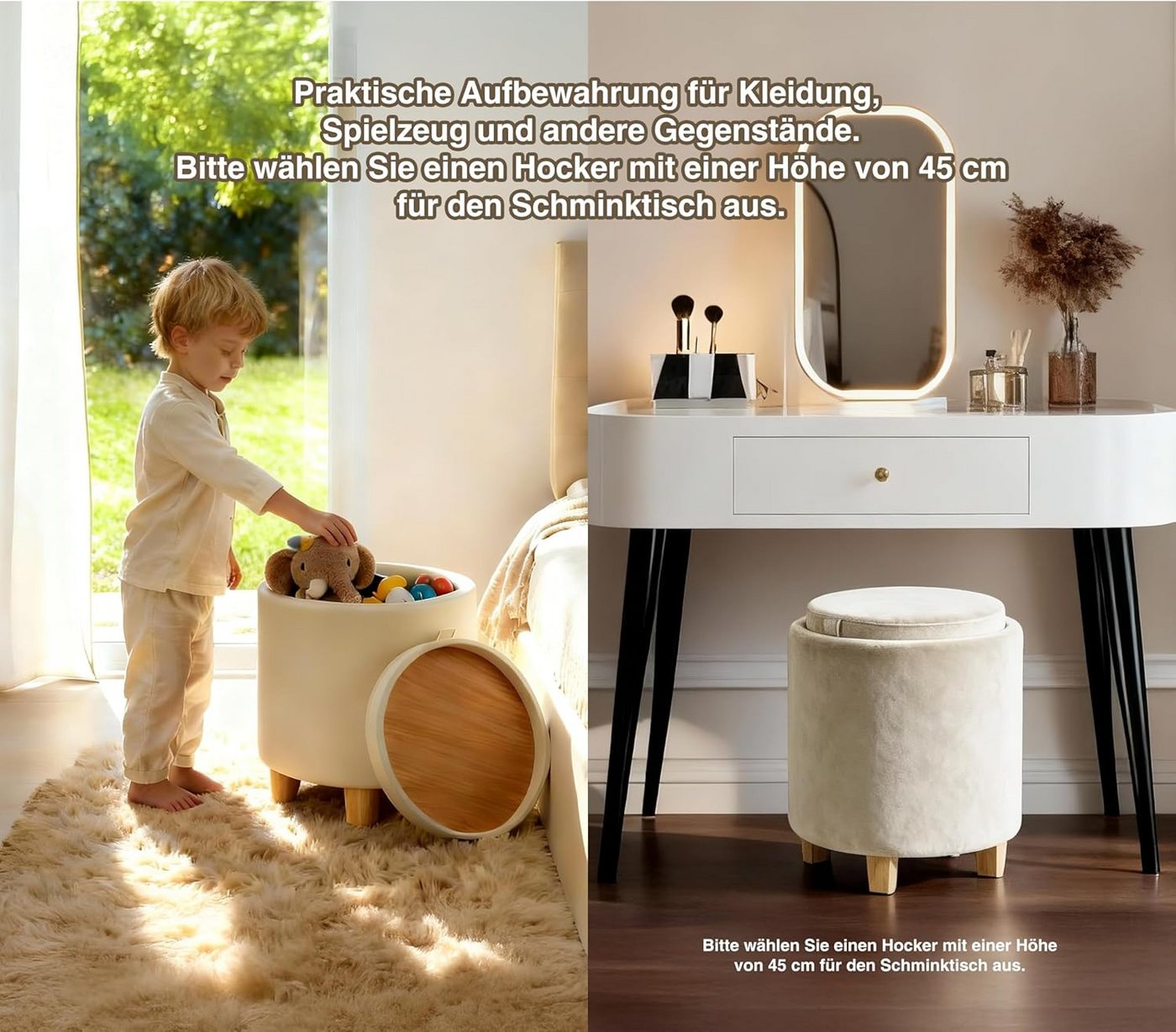 Zedelmaier Sitzhocker mit Stauraum rund Beige, Couchtisch, Sitzhocker mit Deckel, Fußhocker mit Aufbewahrungsbox, Polsterhocker mit Holzbeinen – Bild 4 von 5