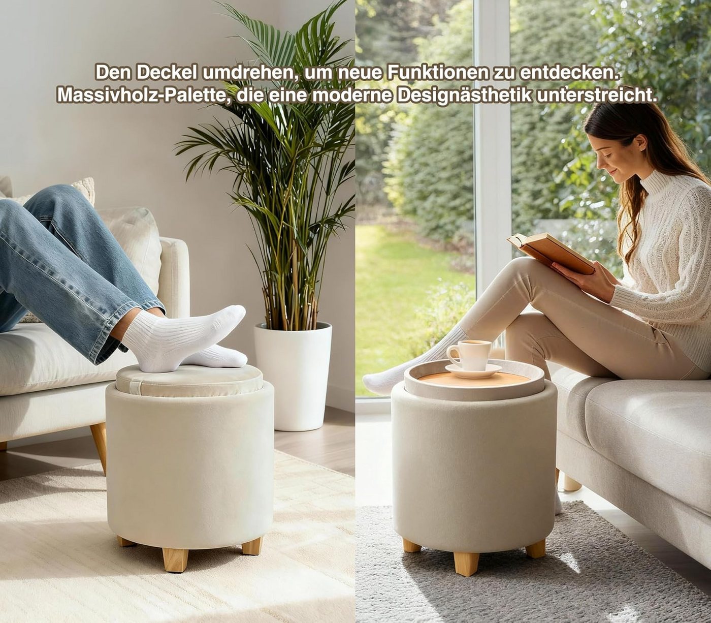Zedelmaier Sitzhocker mit Stauraum rund Beige, Couchtisch, Sitzhocker mit Deckel, Fußhocker mit Aufbewahrungsbox, Polsterhocker mit Holzbeinen – Bild 5 von 5