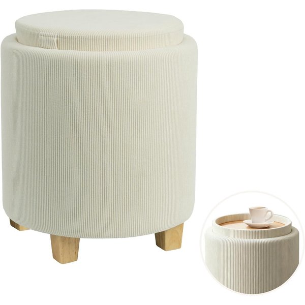 Zedelmaier Sitzhocker mit Stauraum rund Beige, Couchtisch, Sitzhocker mit Deckel, Fußhocker mit Aufbewahrungsbox, Polsterhocker mit Holzbeinen