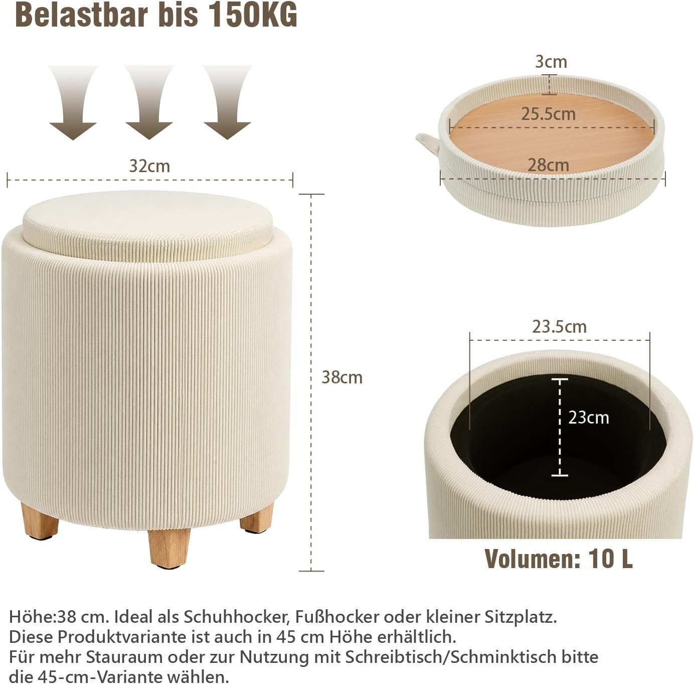 Zedelmaier Sitzhocker mit Stauraum rund Beige, Couchtisch, Sitzhocker mit Deckel, Fußhocker mit Aufbewahrungsbox, Polsterhocker mit Holzbeinen – Bild 2 von 5