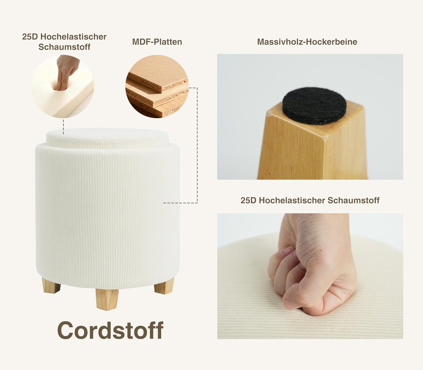 Zedelmaier Sitzhocker mit Stauraum rund Beige, Couchtisch, Sitzhocker mit Deckel, Fußhocker mit Aufbewahrungsbox, Polsterhocker mit Holzbeinen – Bild 3 von 5
