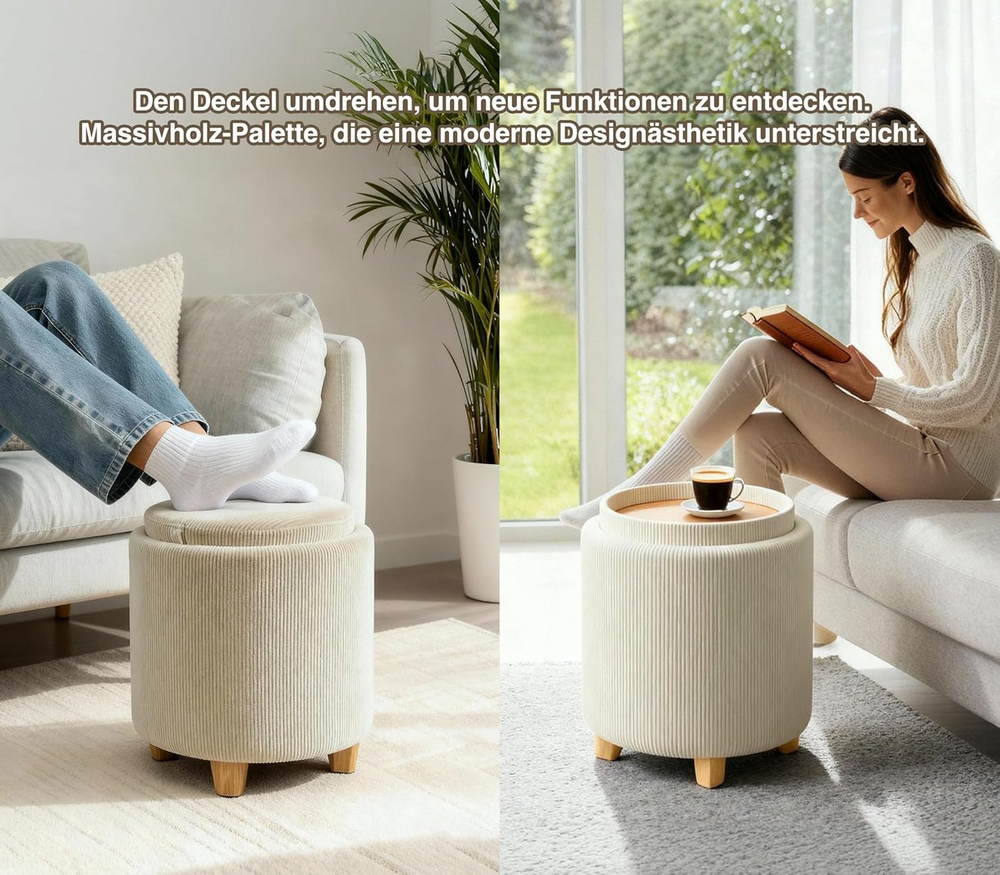 Zedelmaier Sitzhocker mit Stauraum rund Beige, Couchtisch, Sitzhocker mit Deckel, Fußhocker mit Aufbewahrungsbox, Polsterhocker mit Holzbeinen – Bild 4 von 5