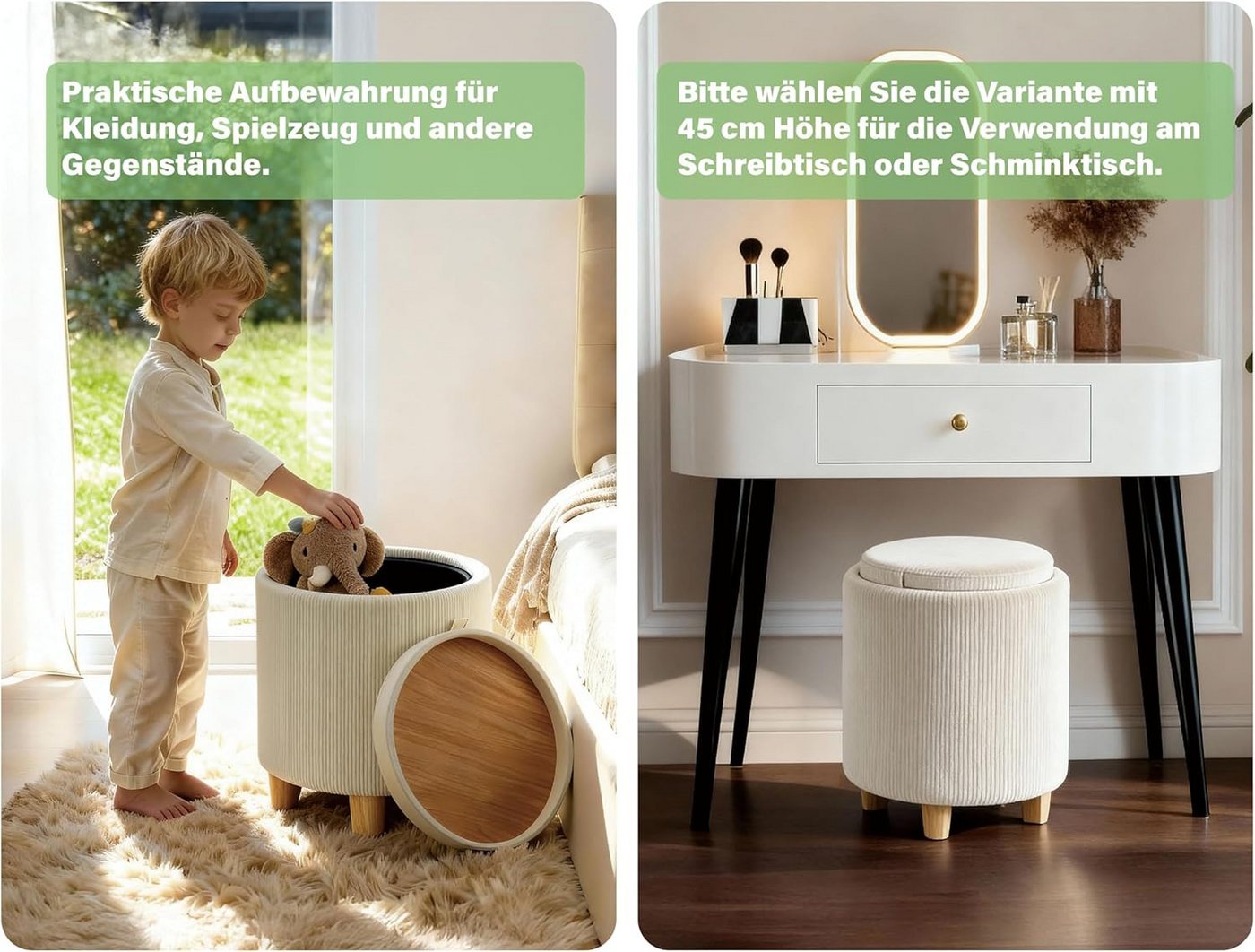 Zedelmaier Sitzhocker mit Stauraum rund Beige, Couchtisch, Sitzhocker mit Deckel, Fußhocker mit Aufbewahrungsbox, Polsterhocker mit Holzbeinen – Bild 5 von 5