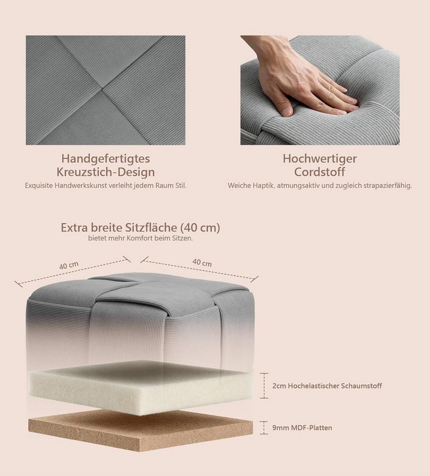 Zedelmaier Sitzhocker Sitzwürfel mit Kreuzgeflecht, handgefertigter Hocker aus Cordstoff, extrabreite 40 cm, belastbar bis 150 kg als Fußbank, Schuhbank – Bild 2 von 5
