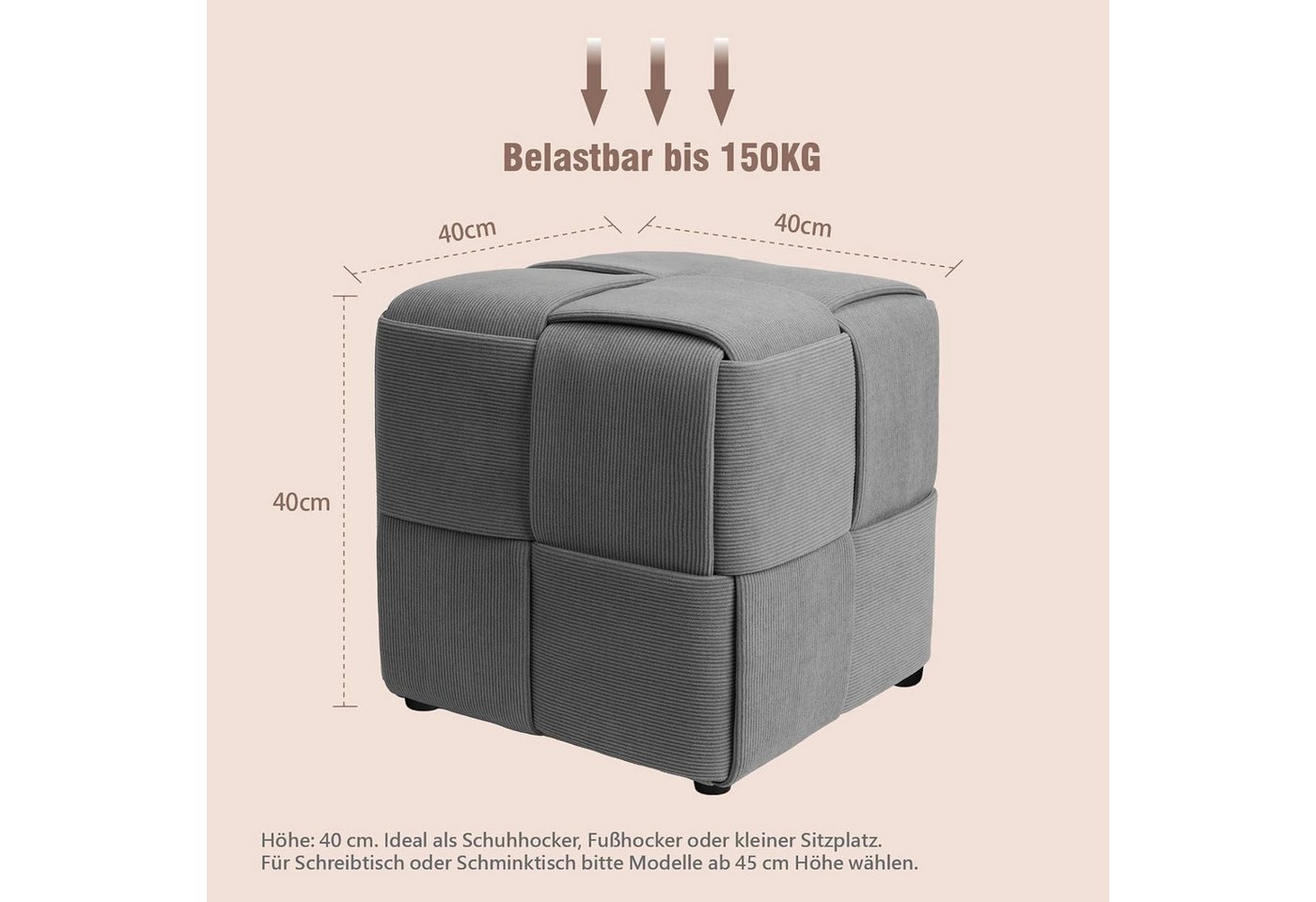 Zedelmaier Sitzhocker Sitzwürfel mit Kreuzgeflecht, handgefertigter Hocker aus Cordstoff, extrabreite 40 cm, belastbar bis 150 kg als Fußbank, Schuhbank – Bild 3 von 5