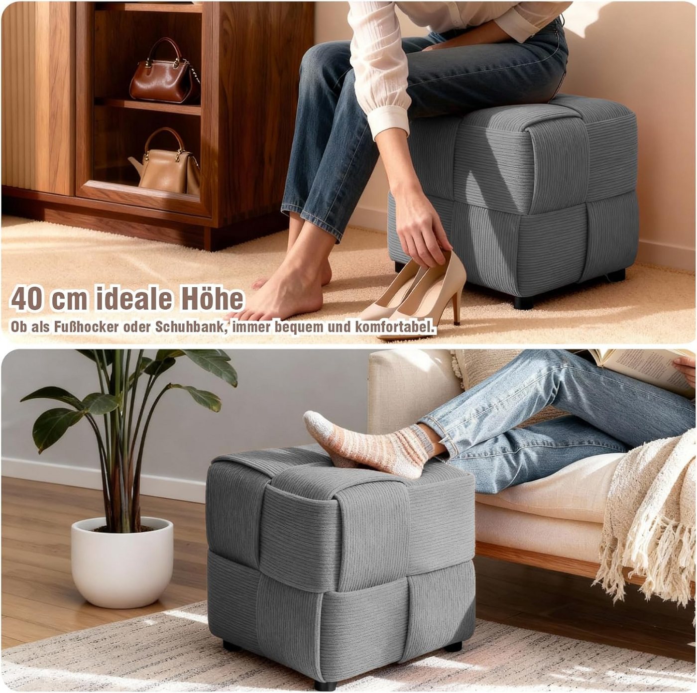Zedelmaier Sitzhocker Sitzwürfel mit Kreuzgeflecht, handgefertigter Hocker aus Cordstoff, extrabreite 40 cm, belastbar bis 150 kg als Fußbank, Schuhbank – Bild 4 von 5