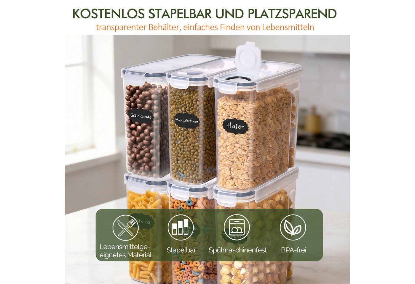 Zedelmaier Vorratsdose Vorratsdosen mit Deckel, Vorratsbehälter Set, Aufbewahrungsbox Küche, (Set, 6-tlg), BPA Frei, Luftdicht, Vorratsdosen für trockenen Leben – Bild 5 von 5