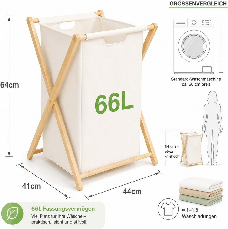 Zedelmaier Wäschekorb aus Bambus, Wäschesammler mit Fächern, Wäschesortierer Holz (2 St), mit 66 Liter pro Stück, für Badezimmer Schlafzimme Waschküche – Bild 2 von 5