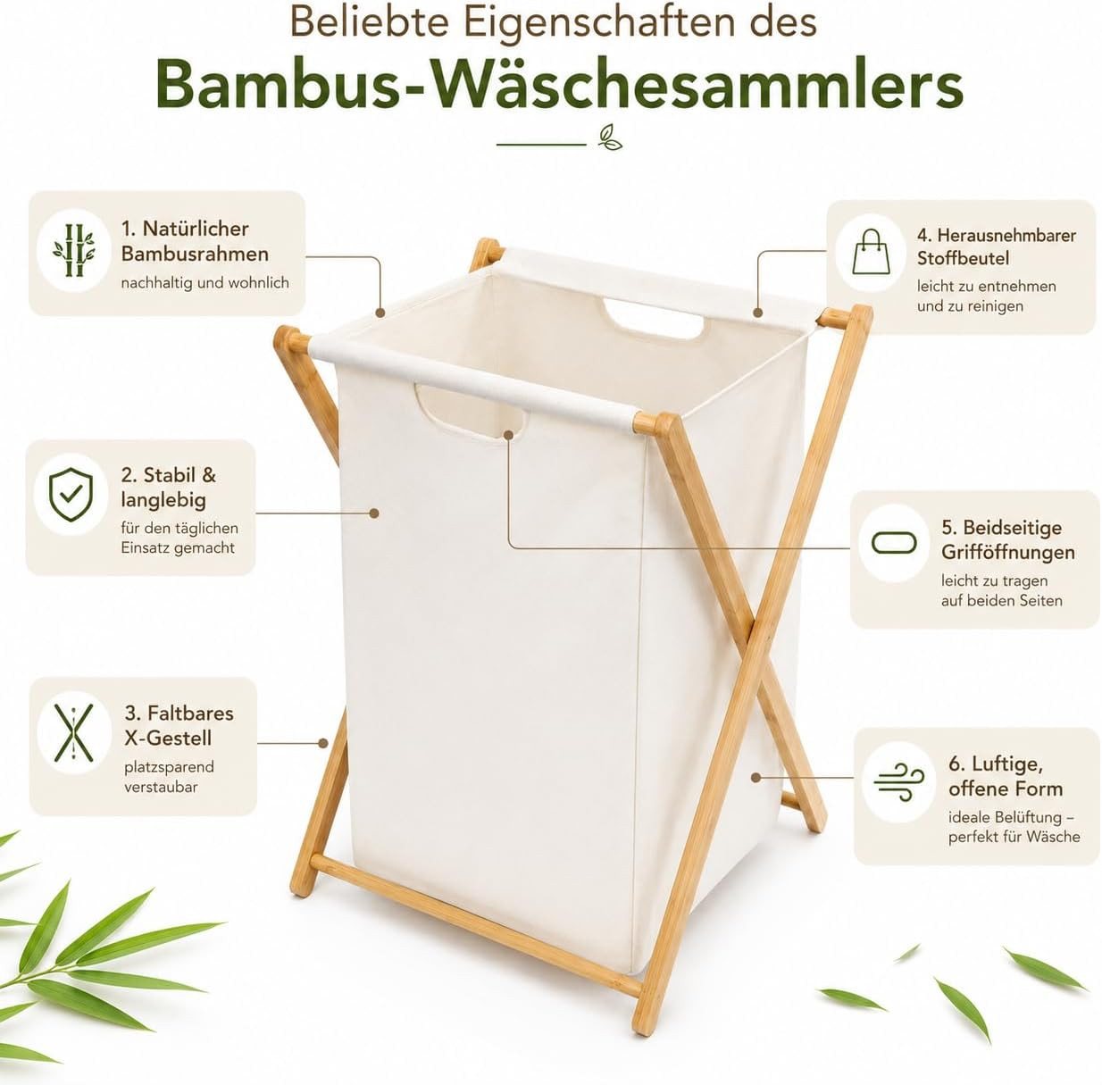 Zedelmaier Wäschekorb aus Bambus, Wäschesammler mit Fächern, Wäschesortierer Holz (3 St), mit 66 Liter pro Stück, für Badezimmer Schlafzimme Waschküche – Bild 4 von 5