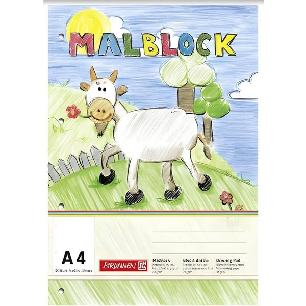 BRUNNEN Zeichenpapier BRUNNEN Malblock A4 100 Blatt gelocht 104740701