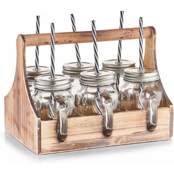Zeller Present Glas, 6-tlg., Glas, Holz, Metall, je 6 Gläser, Deckel und Strohhalme, in praktischer Holzkiste