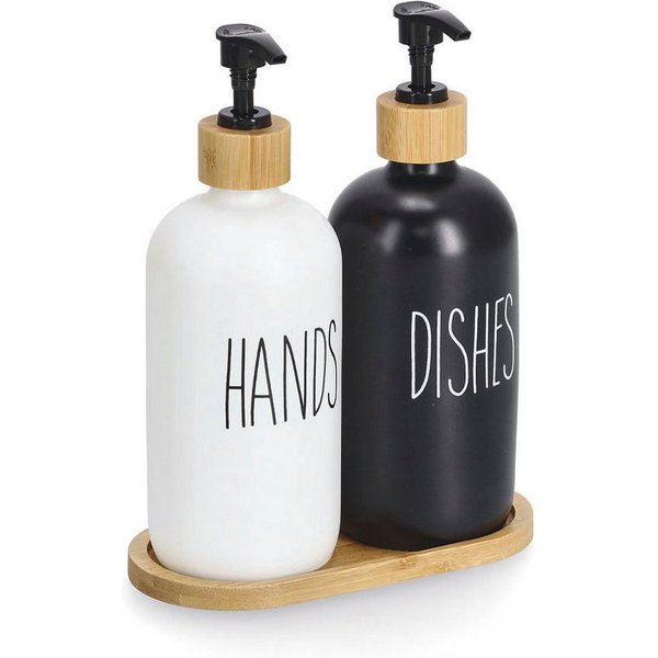 Zeller Present Spülmittelspender, (Set, 3-tlg), Glas / Bambus, Füllmenge je 500 ml, inkl. Tablett