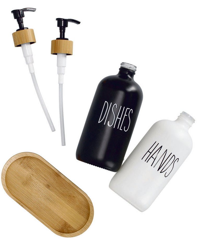 Zeller Present Spülmittelspender, (Set, 3-tlg), Glas / Bambus, Füllmenge je 500 ml, inkl. Tablett – Bild 2 von 4
