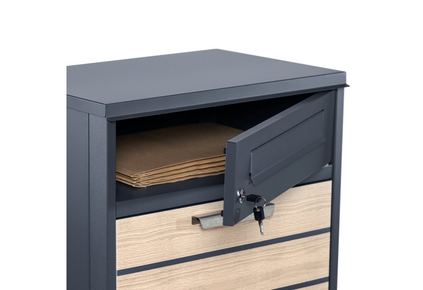 Zelsius Paketbriefkasten Terra, pulverbeschichteter Stahl, RAL7016 Holzoptik, Diebstahlsperre – Bild 5 von 5