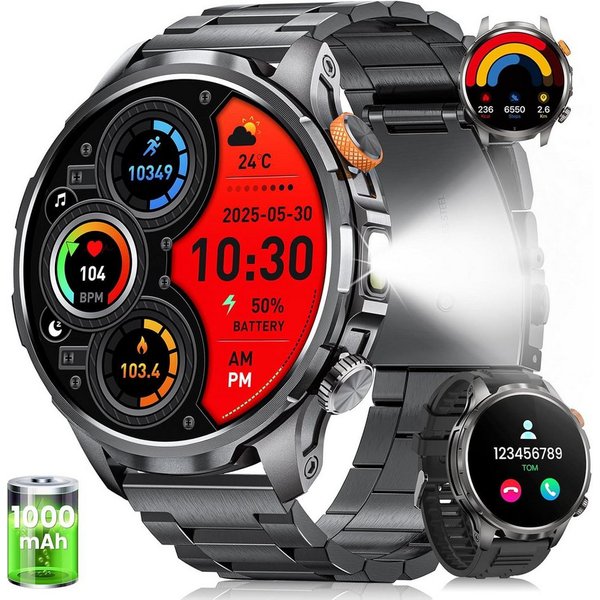 Zevelora Herren Militär, 1000mAH Akku Telefonfunktion, 5 ATM Wasserdicht Smartwatch (1,91 Zoll, Android/iOS), mit LED Taschenlampe 110+ Sportmodi/SpO2/Herzfrequ