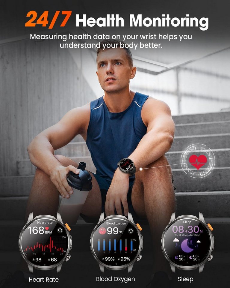 Zevelora Herren Militär, 1000mAH Akku Telefonfunktion, 5 ATM Wasserdicht Smartwatch (1,91 Zoll, Android/iOS), mit LED Taschenlampe 110+ Sportmodi/SpO2/Herzfrequ – Bild 2 von 5