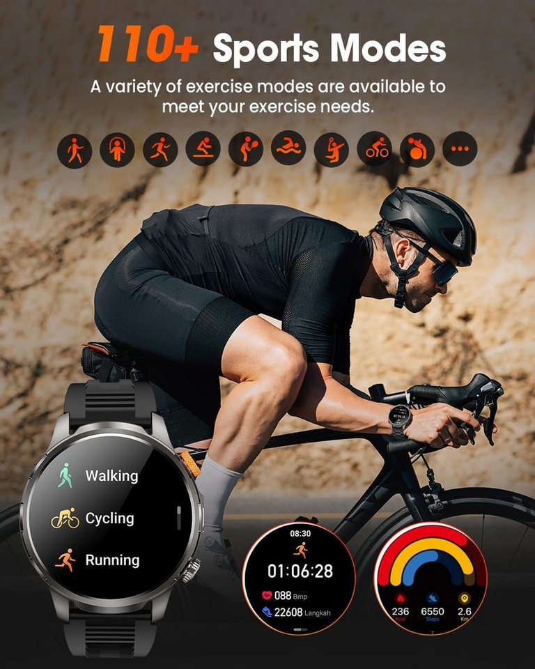 Zevelora Herren Militär, 1000mAH Akku Telefonfunktion, 5 ATM Wasserdicht Smartwatch (1,91 Zoll, Android/iOS), mit LED Taschenlampe 110+ Sportmodi/SpO2/Herzfrequ – Bild 3 von 5