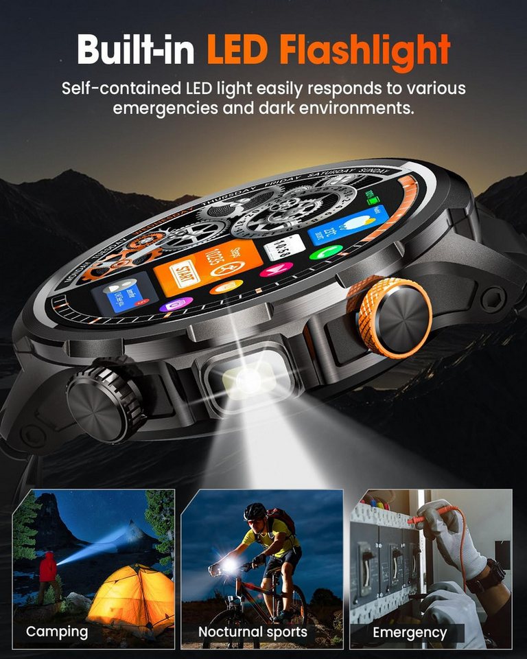 Zevelora Herren Militär, 1000mAH Akku Telefonfunktion, 5 ATM Wasserdicht Smartwatch (1,91 Zoll, Android/iOS), mit LED Taschenlampe 110+ Sportmodi/SpO2/Herzfrequ – Bild 4 von 5