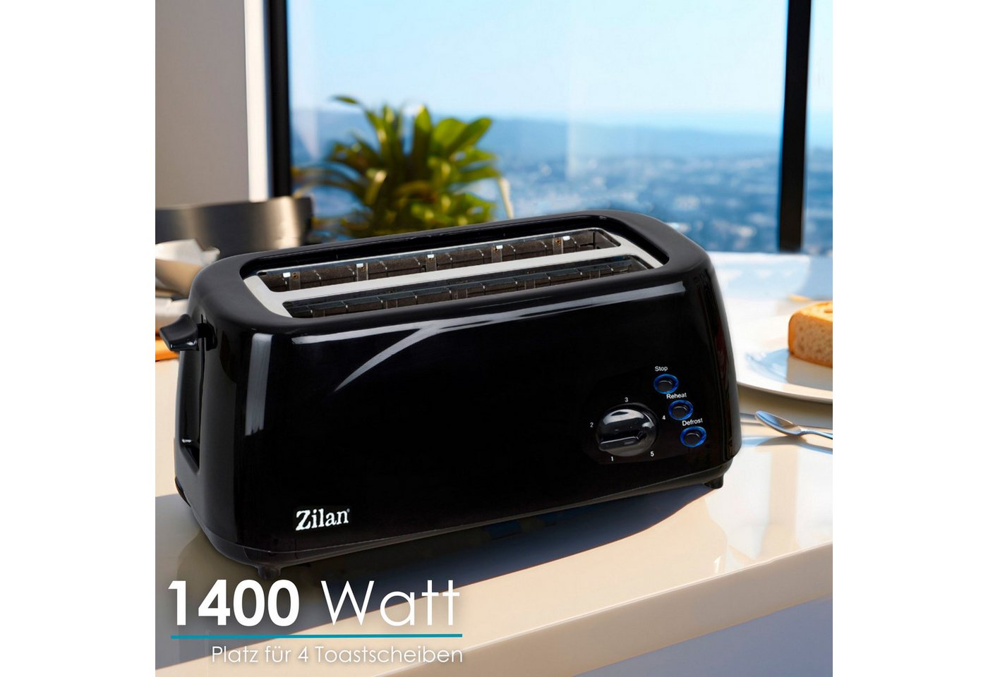 Zilan Toaster ZLN-2713, 2 lange Schlitze, für 4 Scheiben, 1400 W, mit Brötchenaufsatz – Bild 2 von 5