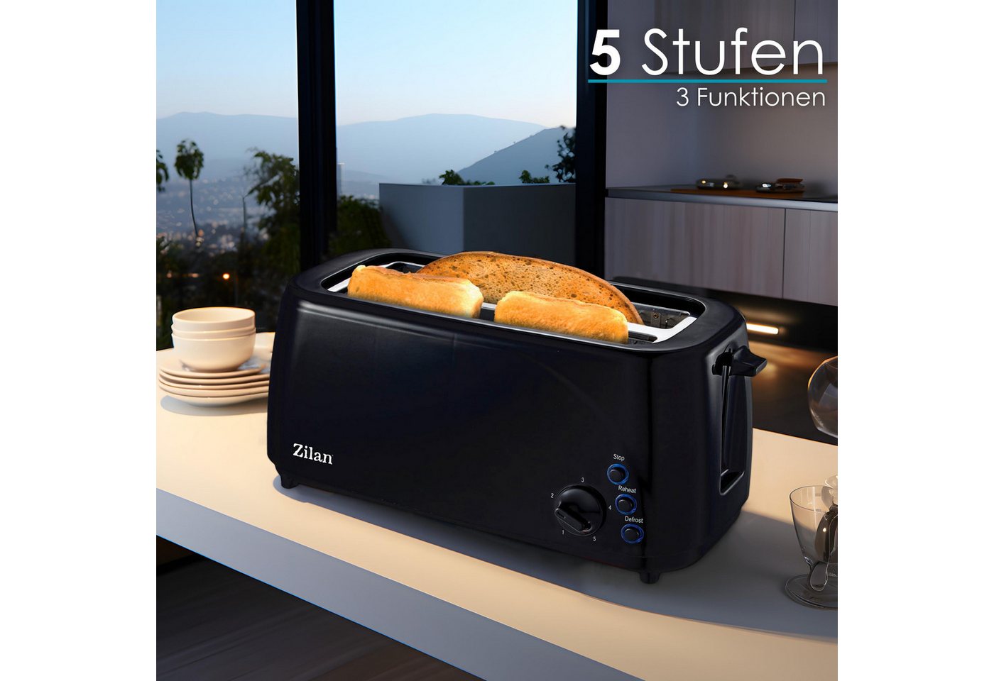 Zilan Toaster ZLN-2713, 2 lange Schlitze, für 4 Scheiben, 1400 W, mit Brötchenaufsatz – Bild 3 von 5