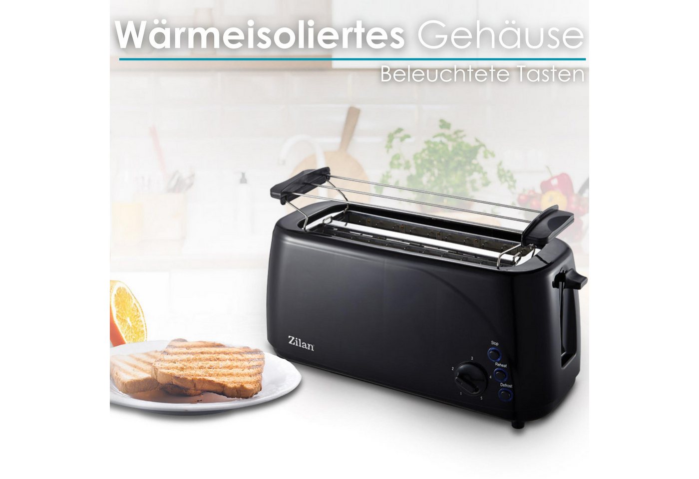 Zilan Toaster ZLN-2713, 2 lange Schlitze, für 4 Scheiben, 1400 W, mit Brötchenaufsatz – Bild 4 von 5