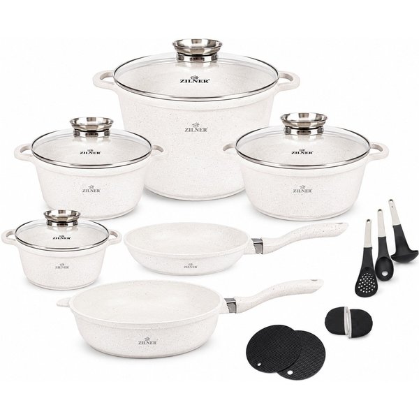 Zilner Topf-Set Elegantes 17-tlg Kochtopfset in Hellbeige mit Küchenzubehör, Premium, Keramik, Aluminium, Edelstahl, Aluminiumguss (Dank seiner hochwertigen Ver