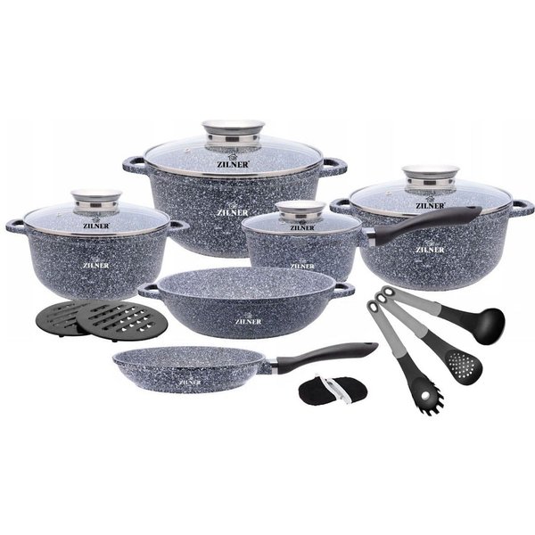 Zilner Topf-Set Schöne graue Töpfe, Topfset Bratpfanne, Kasserolle, Steinbeschichtung, Aluminiumguss (sehr hochwertig, 17-tlg., Zeitloses Design des Topfsets. E