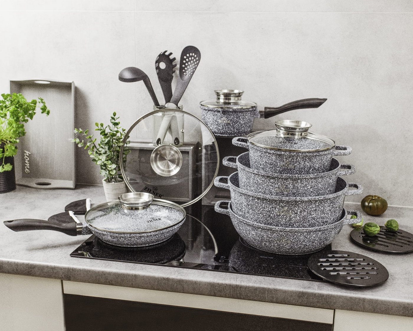 Zilner Topf-Set Schöne graue Töpfe, Topfset Bratpfanne, Kasserolle, Steinbeschichtung, Aluminiumguss (sehr hochwertig, 17-tlg., Zeitloses Design des Topfsets. E – Bild 2 von 5