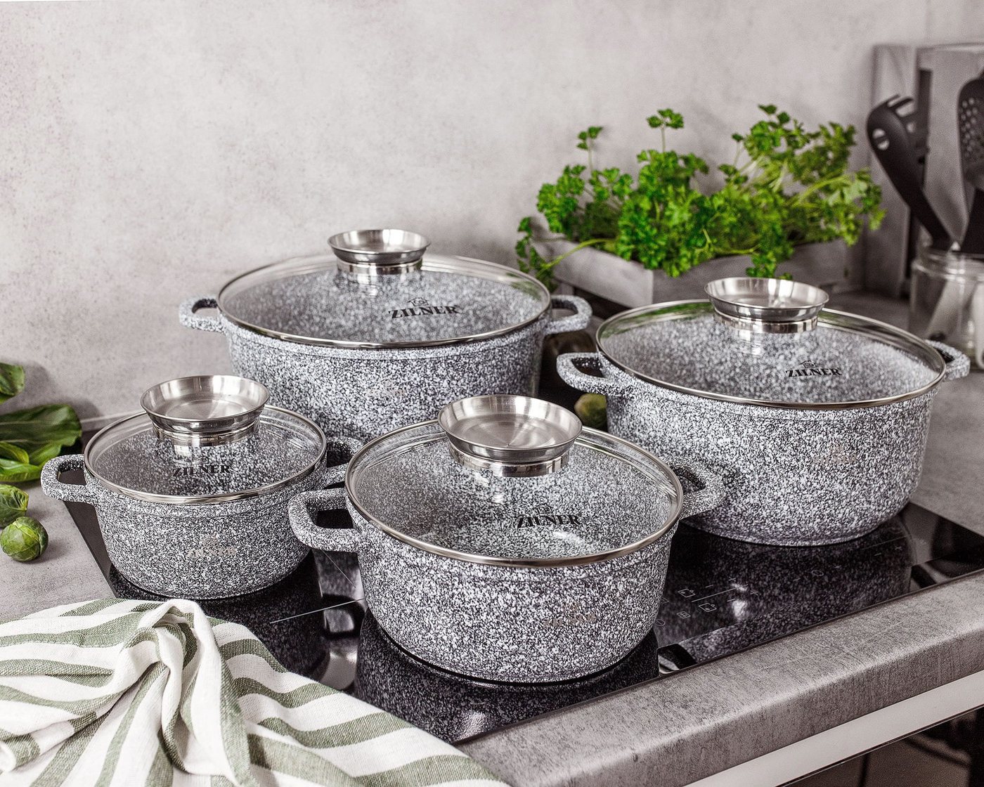 Zilner Topf-Set Schöne graue Töpfe, Topfset Bratpfanne, Kasserolle, Steinbeschichtung, Aluminiumguss (sehr hochwertig, 17-tlg., Zeitloses Design des Topfsets. E – Bild 3 von 5